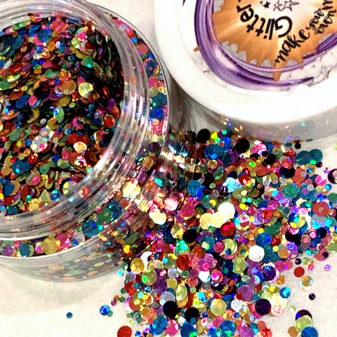 New! CARNIVAL DOTS Mix / 3/4 oz. Jar / Multi-Color Super HOLOGRAPHIC / Nail Art / Solvent Resistant / Carnivál Glitter / Sun-Catchers