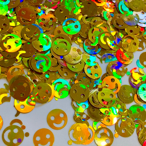 Smiley Face Emoji Gold Holographic - Glitter Shapes / 6mm / Glitter Tumbler  / Retro / Happy Face