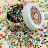 RAINBOW HEARTS Glitter Shape Mix / Stripe Holographic Colors / 1/2 or 1.25 oz. Jars / 4mm Nail Art / Snow Globe / D I Y Jewelry / Shakers