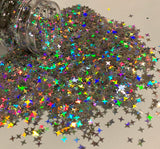 4-POINT STARS Silver HOLO Glitter Shapes / Holographic / 1/2 oz Jar - 2mm and 4mm Mix / Nail Art / Ninja Star