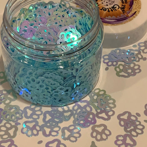 Baby Blue Paws Iridescent Glitter Shapes / 10mm Color Shift / 1/2 oz. Jar / Animal Kindness Teaching Aid